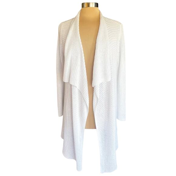 Eileen Fisher White 100% Organic Linen Rib Knit Drape Front Cardigan Sz MEDIUM - Picture 2 of 8